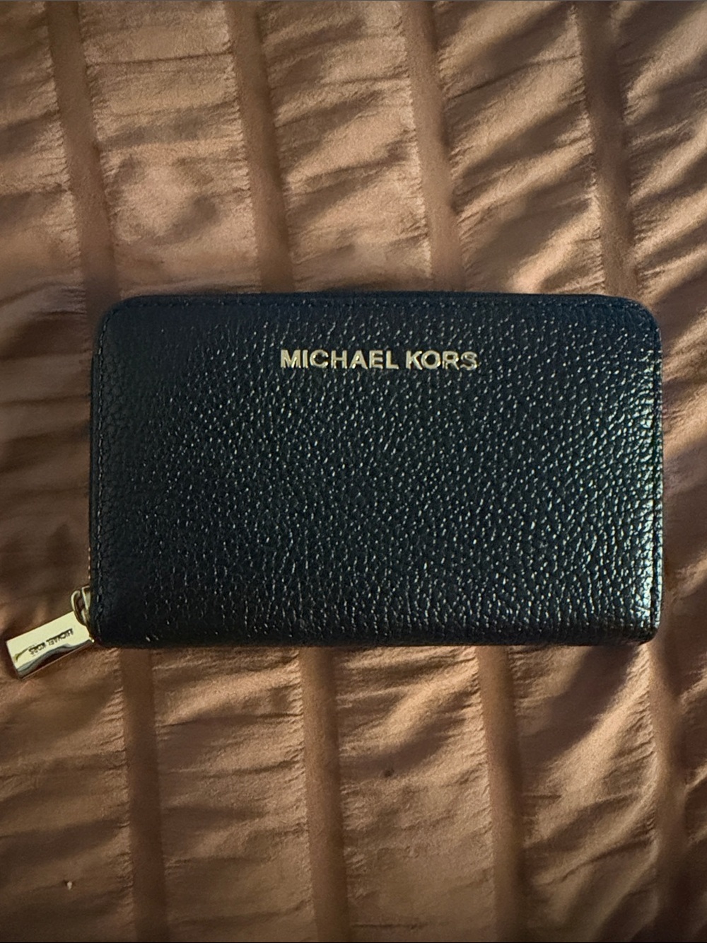 Michael Kors Black Pebbled Leather Zip Wallet with Gold Logo